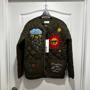 First Row Unisex Olive Quilted Jacket with Fun Patches